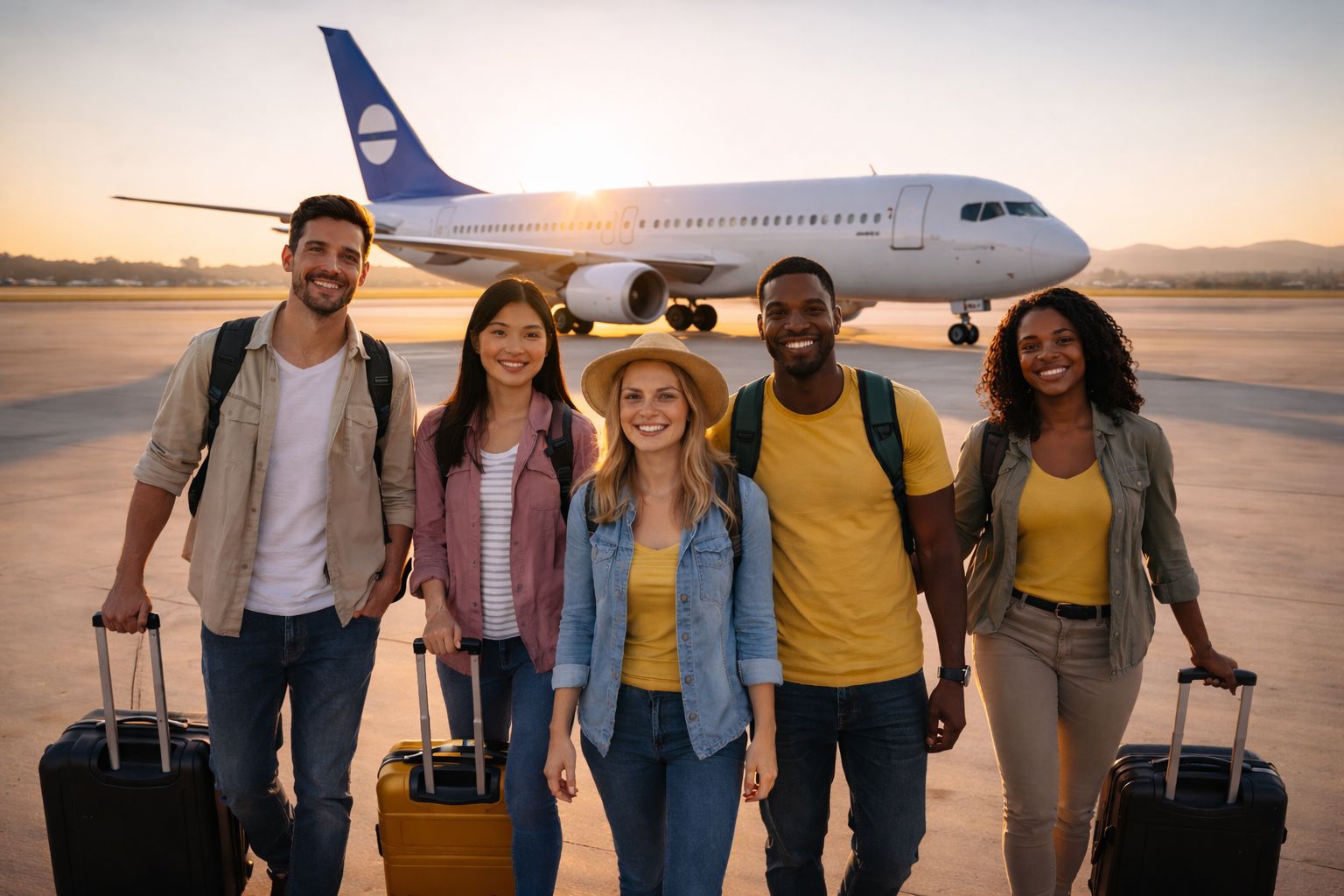 Grupa podróżnych z samolotem na płycie lotniska o zachodzie słońca